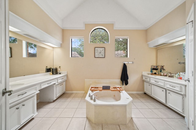 full bathroom with two vanities, baseboards, tile patterned flooring, lofted ceiling, and a garden tub