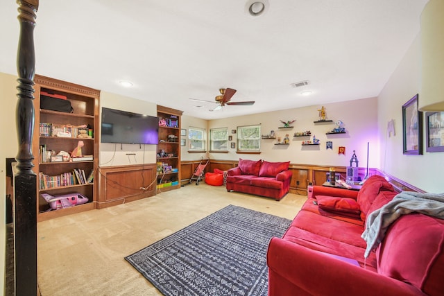 carpeted living room featuring recessed lighting, visible vents, and a ceiling fan