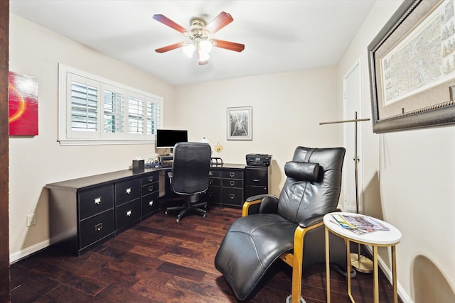 home office with ceiling fan, baseboards, and dark wood-style floors