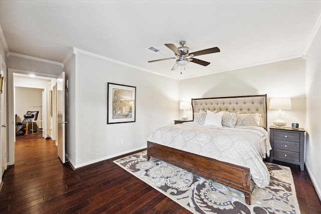 bedroom with baseboards, crown molding, a ceiling fan, visible vents, and dark wood finished floors