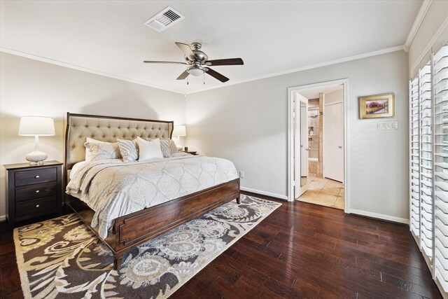 bedroom featuring baseboards, crown molding, visible vents, ceiling fan, and wood-type flooring
