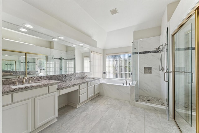 bathroom featuring a shower stall, a sink, visible vents, and recessed lighting