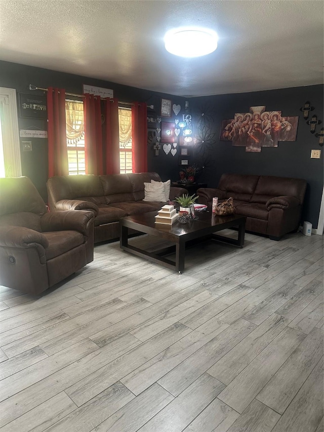 living area with wood finished floors and a textured ceiling
