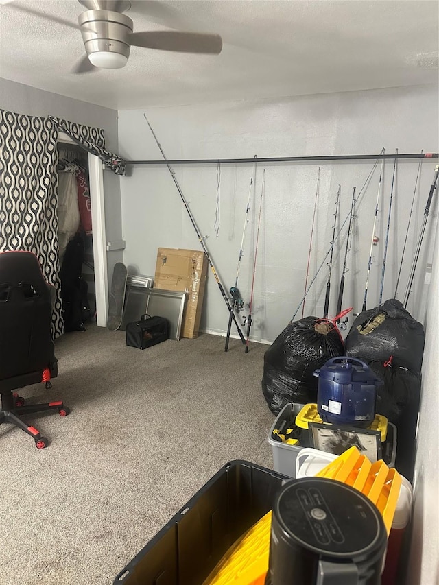 below grade area with carpet flooring and a ceiling fan