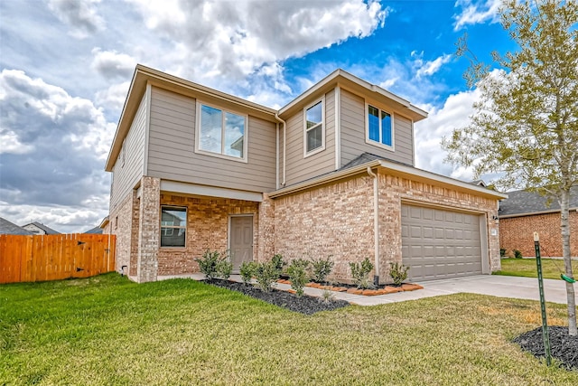 traditional home featuring concrete driveway, fence, a front lawn, and brick siding
