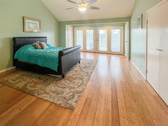 3203 Bayou Dr, La Porte, TX 77571 - bedroom featuring vaulted ceiling, access to outside, light wood-style floors, baseboards, and ceiling fan