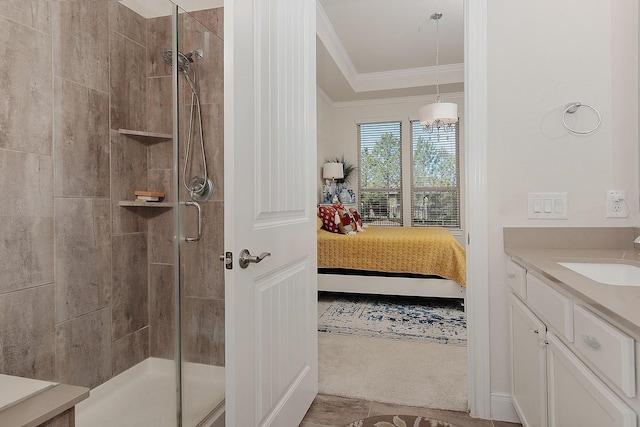 247 Arabian Dr, The Woodlands, TX 77382 - bathroom with a shower stall, ornamental molding, and ensuite bathroom