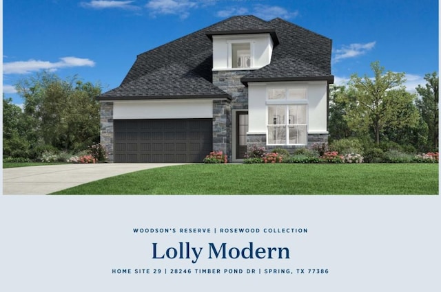 28246 Timber Pond, Spring, TX 77386 - view of front facade with stone siding, an attached garage, a front yard, concrete driveway, and stucco siding
