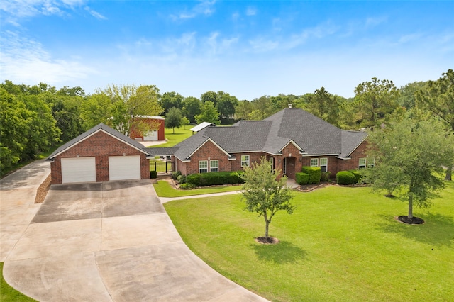 ranch-style house with driveway, a front yard, roof with shingles, a garage, and brick siding