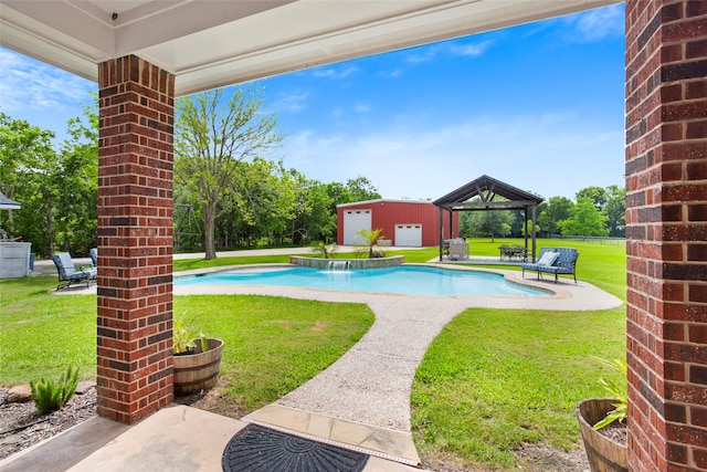 pool with a lawn, a patio, and a gazebo