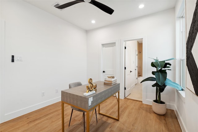 4323 Rogers St, Houston, TX 77022 - office area featuring recessed lighting, a ceiling fan, light wood-style floors, and baseboards