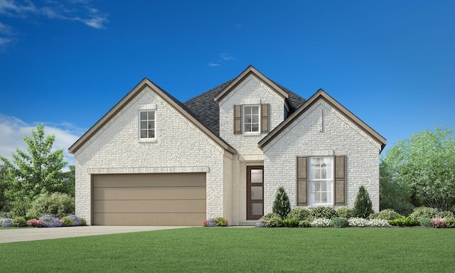 french country style house featuring an attached garage, concrete driveway, a front lawn, and brick siding