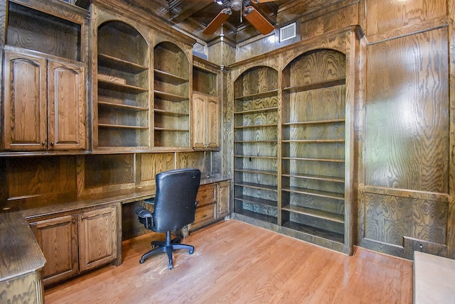 2 Royal Hampton Ct, Sugar Land, TX 77479 - unfurnished office with built in shelves, coffered ceiling, a ceiling fan, built in study area, and wooden walls