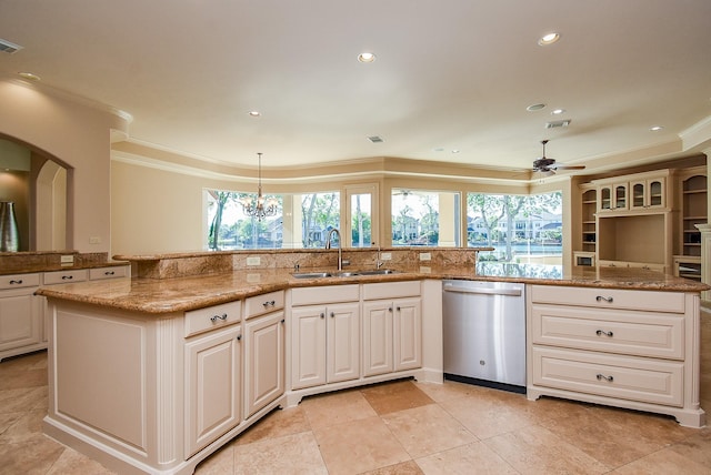2 Royal Hampton Ct, Sugar Land, TX 77479 - kitchen featuring stainless steel dishwasher, a sink, recessed lighting, and ornamental molding