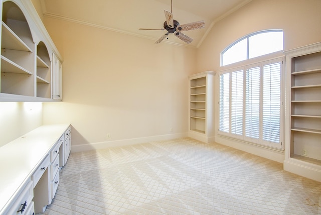 2 Royal Hampton Ct, Sugar Land, TX 77479 - unfurnished office with vaulted ceiling, crown molding, ceiling fan, and light carpet