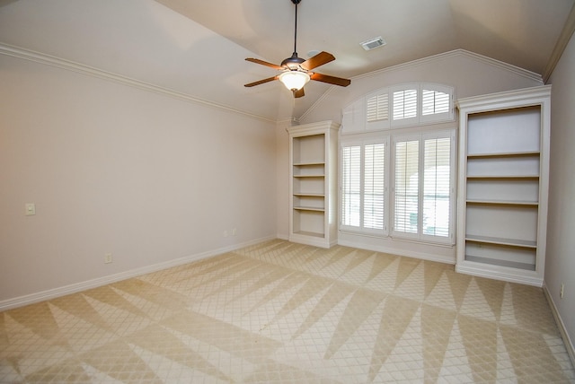 2 Royal Hampton Ct, Sugar Land, TX 77479 - empty room featuring light colored carpet, ceiling fan, lofted ceiling, and visible vents