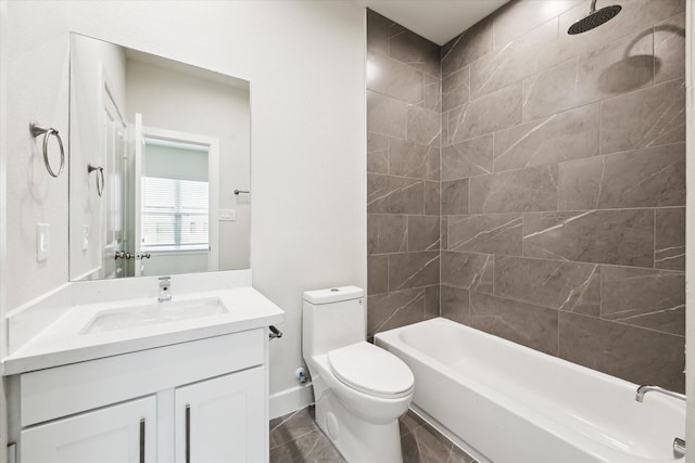 bathroom with  shower combination, vanity, baseboards, and toilet