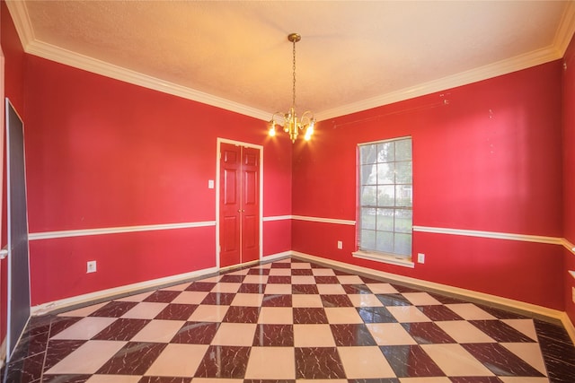 unfurnished dining area featuring baseboards, an inviting chandelier, and ornamental molding