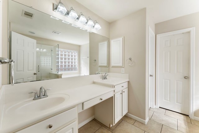 8322 Calico Canyon Dr, Tomball, TX 77375 - full bath with a shower stall, tile patterned flooring, double vanity, and baseboards