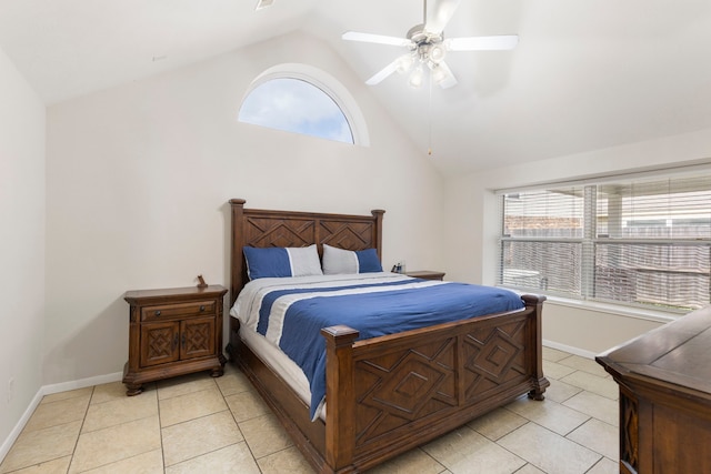8322 Calico Canyon Dr, Tomball, TX 77375 - bedroom with light tile patterned floors, baseboards, ceiling fan, and high vaulted ceiling