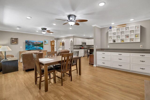 310 Hidden Oaks Dr, Point Blank, TX 77364 - dining area with a ceiling fan, crown molding, light wood-type flooring, visible vents, and recessed lighting