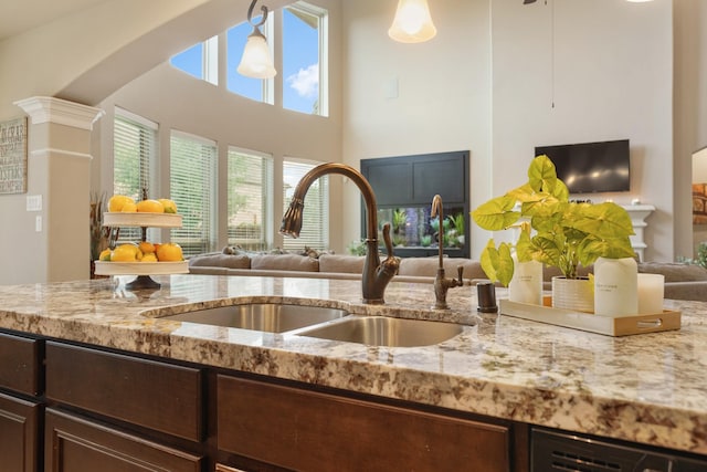 3225 Summer Tanager Ln, Manvel, TX 77578 - kitchen featuring open floor plan, a sink, dark brown cabinets, light stone counters, and a high ceiling