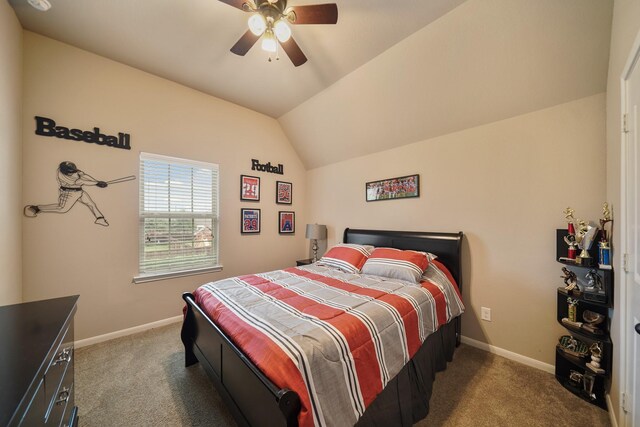3225 Summer Tanager Ln, Manvel, TX 77578 - carpeted bedroom with baseboards, vaulted ceiling, and a ceiling fan