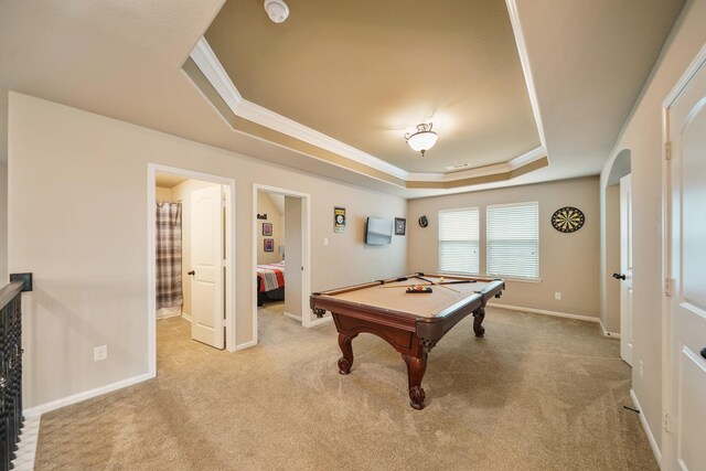3225 Summer Tanager Ln, Manvel, TX 77578 - game room featuring a raised ceiling, crown molding, light colored carpet, billiards, and baseboards
