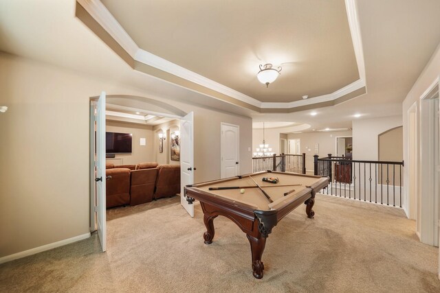 3225 Summer Tanager Ln, Manvel, TX 77578 - game room featuring a raised ceiling, ornamental molding, light colored carpet, arched walkways, and recessed lighting