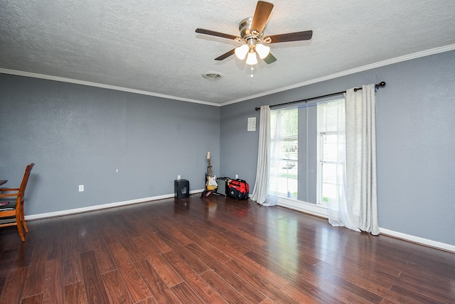 1905 Tennessee St, Baytown, TX 77520 - empty room with a textured ceiling, a ceiling fan, visible vents, wood finished floors, and baseboards