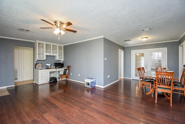1905 Tennessee St, Baytown, TX 77520 - dining area featuring visible vents, a ceiling fan, crown molding, wood finished floors, and french doors
