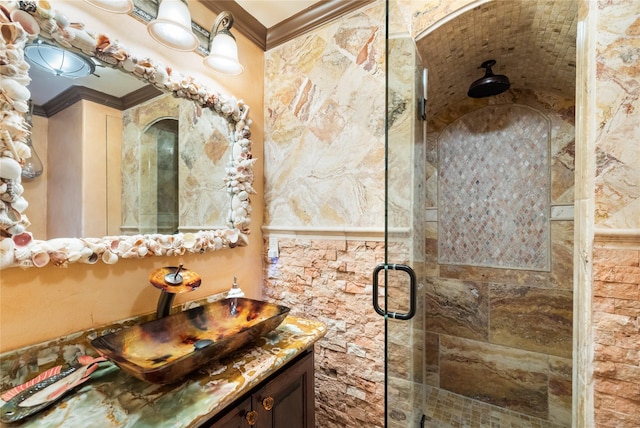 206 China Clipper Dr, Freeport, TX 77541 - bathroom with a shower stall, vanity, and ornamental molding