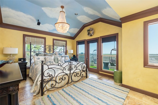 206 China Clipper Dr, Freeport, TX 77541 - bedroom with access to outside, baseboards, an inviting chandelier, vaulted ceiling, and ornamental molding