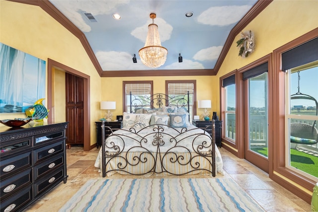 206 China Clipper Dr, Freeport, TX 77541 - bedroom featuring crown molding, visible vents, a notable chandelier, and vaulted ceiling