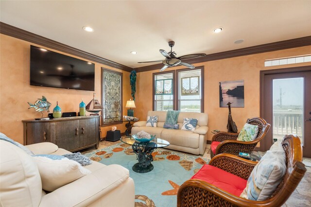 206 China Clipper Dr, Freeport, TX 77541 - living room with ceiling fan, ornamental molding, and recessed lighting