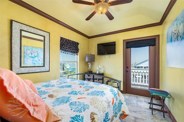 206 China Clipper Dr, Freeport, TX 77541 - bedroom with a tray ceiling, crown molding, access to exterior, and ceiling fan