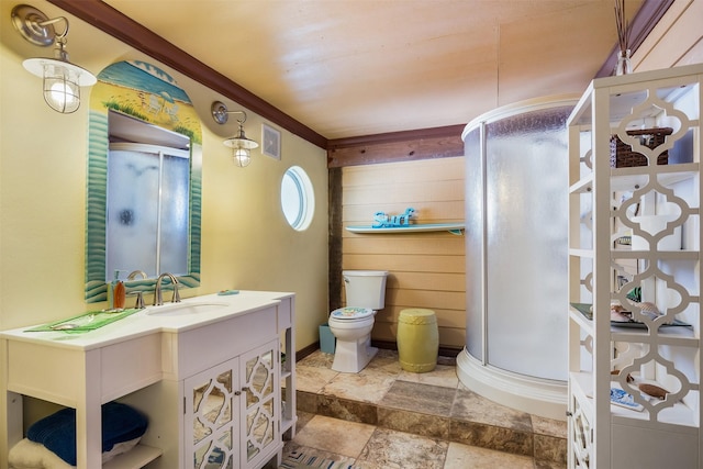206 China Clipper Dr, Freeport, TX 77541 - full bath featuring visible vents, toilet, a shower stall, vanity, and stone tile floors