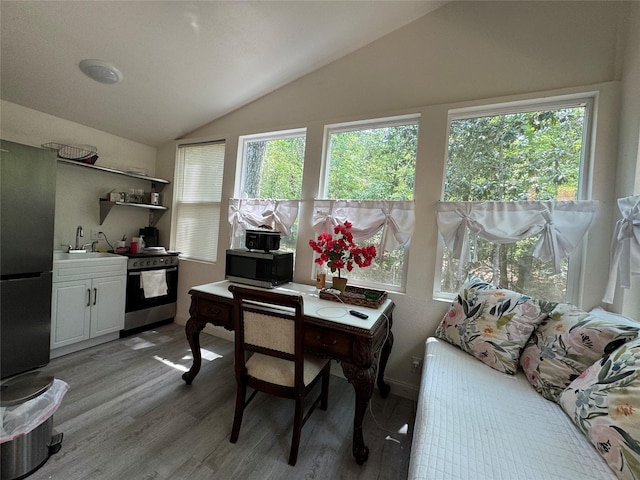dining area featuring light wood-style floors, a healthy amount of sunlight, and lofted ceiling
