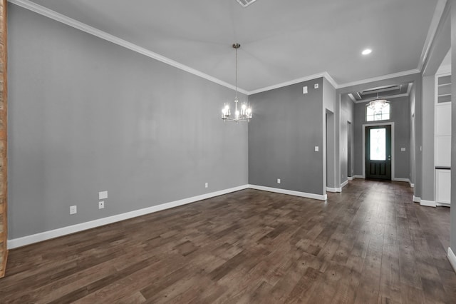 114 Winecup Cir, Montgomery, TX 77316 - interior space featuring dark wood-style flooring, baseboards, an inviting chandelier, crown molding, and visible vents
