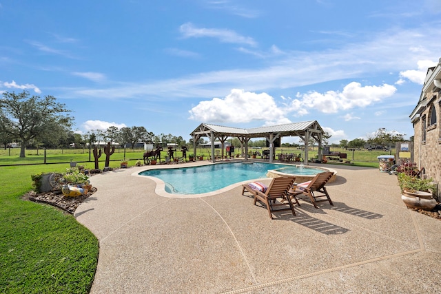 outdoor pool featuring a yard, a gazebo, and a patio