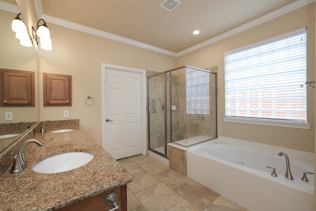 full bathroom featuring a garden tub, visible vents, a sink, and a stall shower