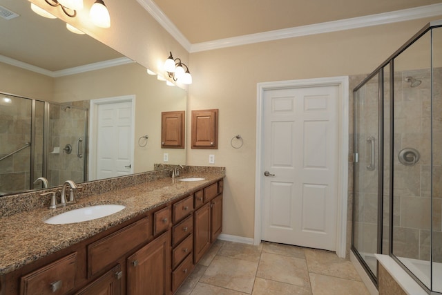 full bathroom featuring a sink, ornamental molding, a shower stall, and double vanity