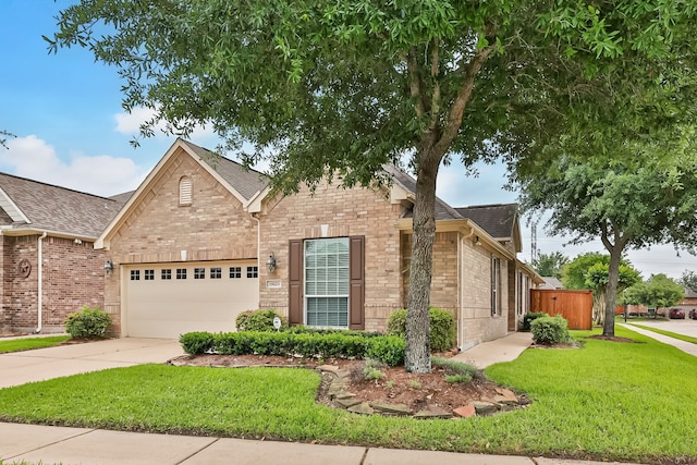 view of front of property featuring driveway, an attached garage, a front lawn, brick siding, and a shingled roof