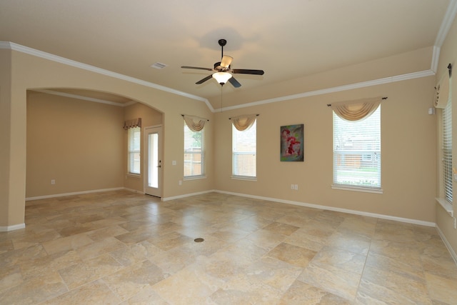 unfurnished room featuring visible vents, baseboards, arched walkways, a ceiling fan, and stone tile floors