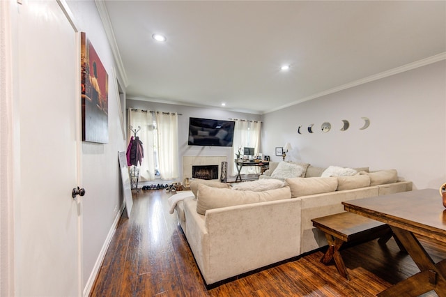 living area featuring baseboards, a fireplace, crown molding, recessed lighting, and dark wood-type flooring