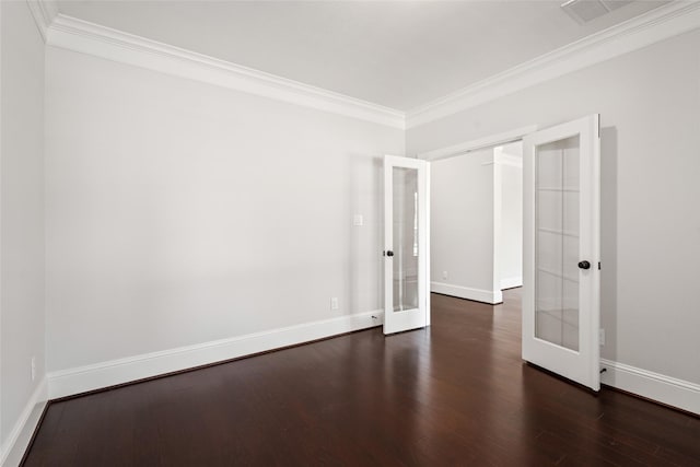 unfurnished room with french doors, baseboards, and ornamental molding