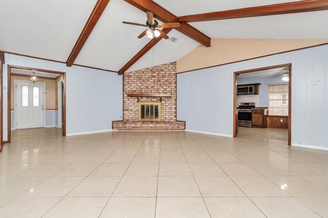800 Fairway Dr, Richmond, TX 77469 - unfurnished living room featuring baseboards, lofted ceiling with beams, light tile patterned floors, a ceiling fan, and visible vents