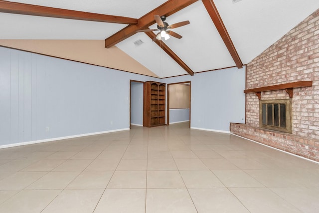 800 Fairway Dr, Richmond, TX 77469 - unfurnished living room featuring a fireplace, lofted ceiling with beams, a ceiling fan, visible vents, and tile patterned flooring