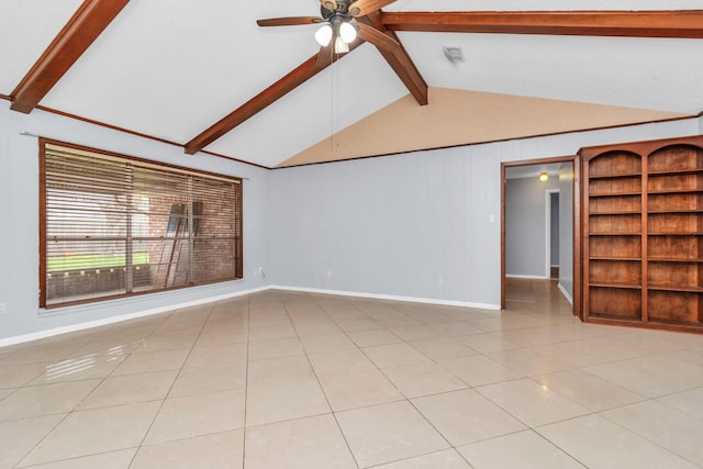 800 Fairway Dr, Richmond, TX 77469 - empty room with visible vents, light tile patterned floors, baseboards, lofted ceiling with beams, and a ceiling fan