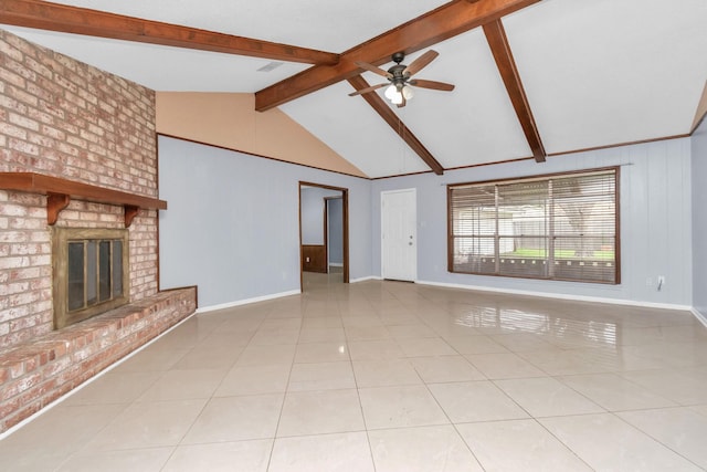 800 Fairway Dr, Richmond, TX 77469 - unfurnished living room featuring light tile patterned floors, baseboards, a ceiling fan, and lofted ceiling with beams